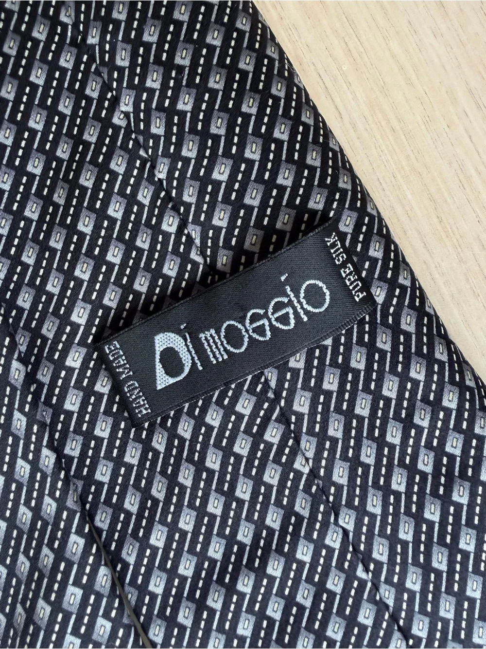 Di Moggio Handmade Silk Tie Black Silver Gold Geometric XL 62in Korea Necktie